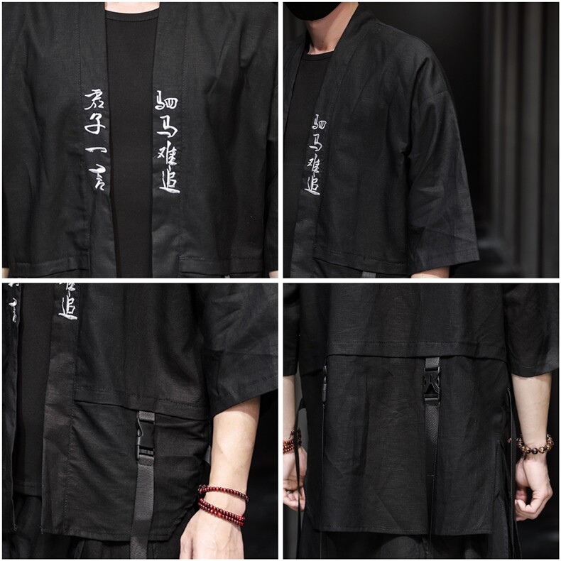 7042夏季中国风新款亚麻开衫武士剑客侠客飘逸刺绣衬衫潮日系,男装衬衫,钱塘715
