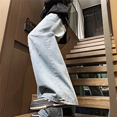 美式ins高街设计感磨破破洞牛仔阔腿裤垂感显瘦货号9072-P39，男装牛仔裤，星座302A-2