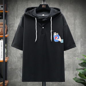 LD54262-P45 连帽短袖t恤男大码胖子带帽五分袖中袖 展架图片