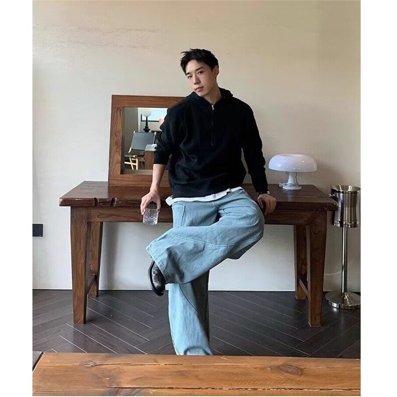宽松型青少年直筒常规秋冬竖条纹明线牛仔裤男女长裤纯色夏季中腰,男装牛仔裤,星座506A