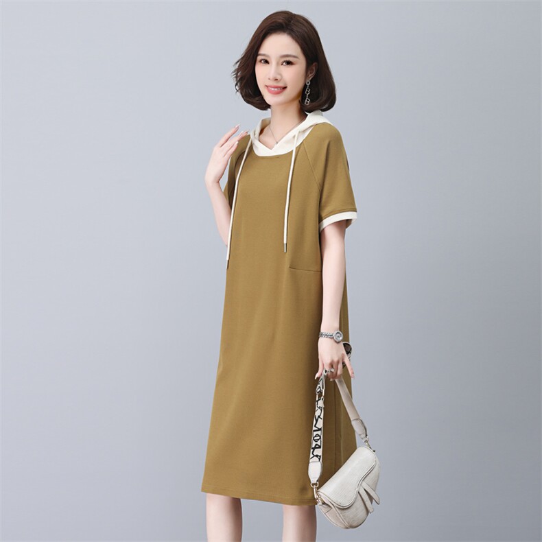 纯棉t恤裙女夏季长款过膝纯色休闲大码连帽连衣裙女显瘦洋气翻领,女装连衣裙,依恋蒂丝