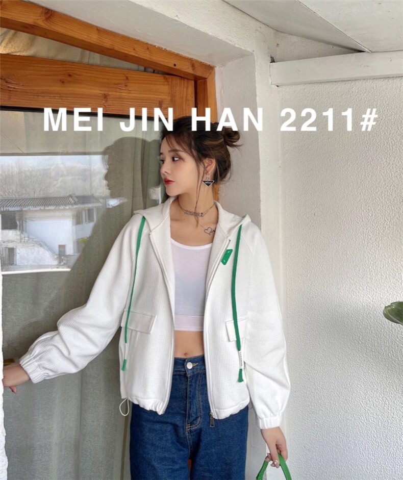 【美巾涵】春季新款外套华夫格连帽卫衣短款外套，女装卫衣/绒衫，美巾涵