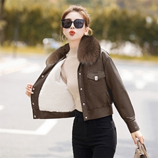 2025年冬季现货加绒保暖休闲时尚皮毛外套（毛领可脱卸），女装皮衣，臻衣坊