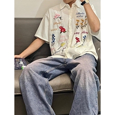 慵懒新款原宿多巴胺穿搭奶蓝色短袖衬衫男夏季无品牌时尚C5234，男装衬衫，星座1116A（原606A-3）
