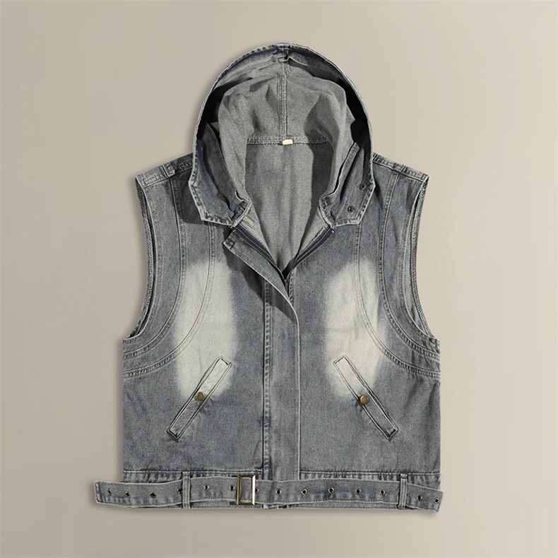 重工牛仔连帽马甲无袖坎肩复古渐变色长带外套MJ607P80，男装背心/马甲，星座1013-1