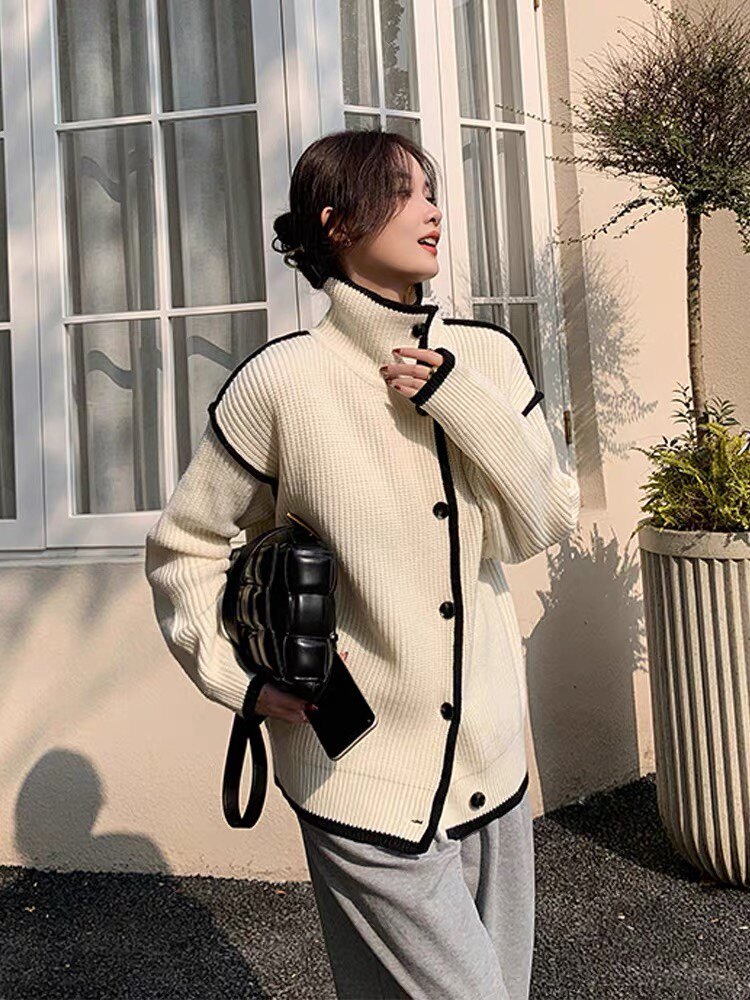 高级设计感撞色立领毛衣女秋冬季新款慵懒风宽松35%羊绒针织开衫,女装羊绒衫,以美红杉羊绒