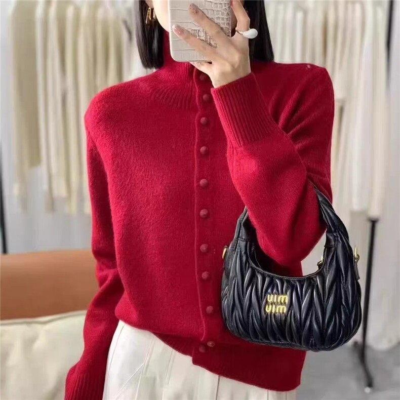 2025年秋季单件开衫时尚不都是通勤简约休闲红色扣，女装针织衫/毛衣，端硕羊绒