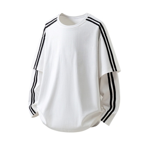 可二开假二件袖子织带设计纯色大码M-5XL长袖T恤男CX78112P42控68图片