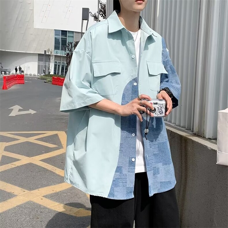 日系拼接衬衫男短袖设计感小众5分袖衬衣外套高级感ins潮牌~CS189,男装衬衫,星座601-2