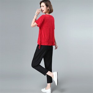2022时尚棉麻两件套装女上衣T恤抽绳显瘦宽松大码九分裤女图片