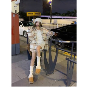 TC1516-P75 美拉德格子衬衫外套女秋季卡其色中长款百搭长袖女图片
