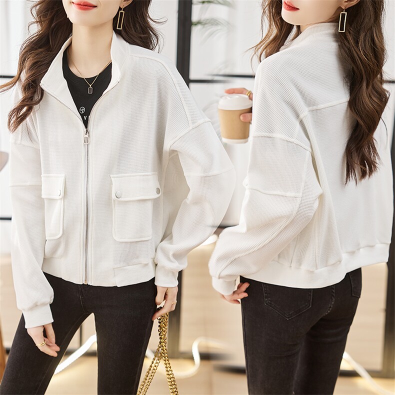白色夹克短外套女2023春秋新款宽松休闲洋气百搭工装卫衣开衫上衣，女装短外套，辉之琳
