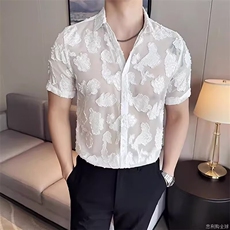 短袖衬衫男夏高级感痞帅冰丝网纱透明花衬衣T36-P42，男装T恤，星座208-5