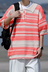 8XL-M特大码美式复古条纹撞色针织POLO衫翻领休闲短袖TDX311P35，男装T恤，电商D206-1