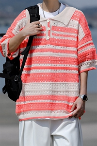 8XL-M 特大码美式复古条纹撞色针织POLO衫翻领休闲短袖TDX311P35图片