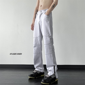 美式ins高街牛仔裤小众百搭明线拼接拉链开叉牛仔裤K2308-P65控88图片