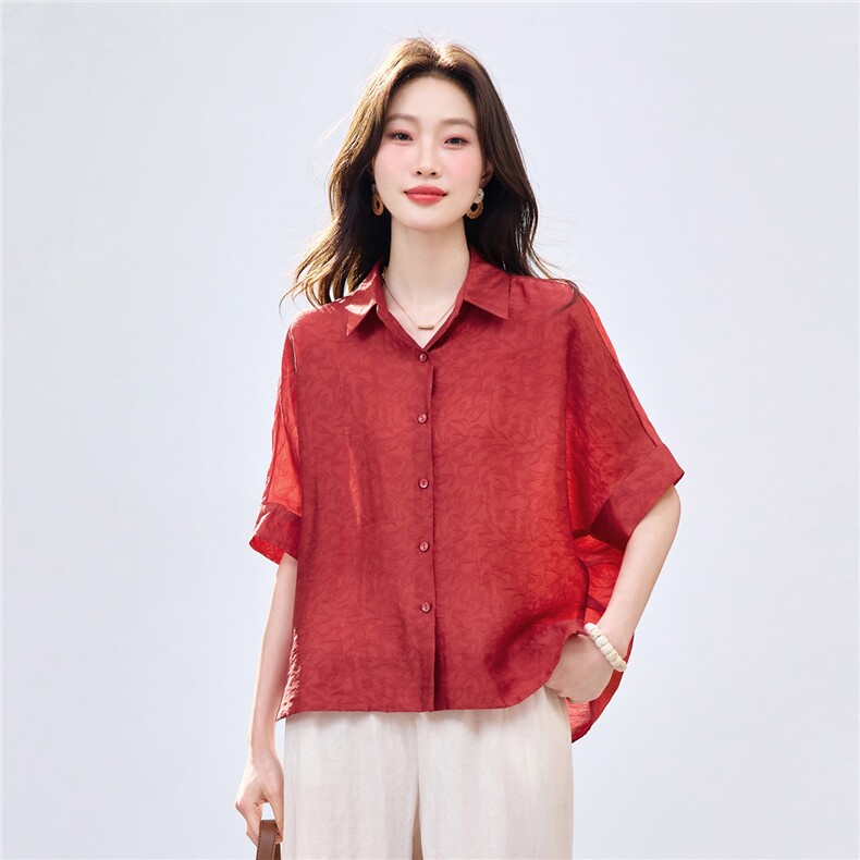 长期现货2026夏季新款提花衬衫女中老年妈妈装宽松天丝T恤上衣潮图片