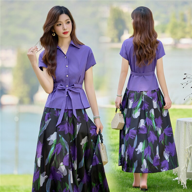紫色印花套装女夏新款短袖衬衫半身裙高级感洋气穿搭两件套，女装套装/套裙，水衣源