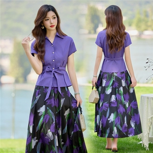 紫色印花套装女夏新款短袖衬衫半身裙高级感洋气穿搭两件套，女装套装/套裙，水衣源