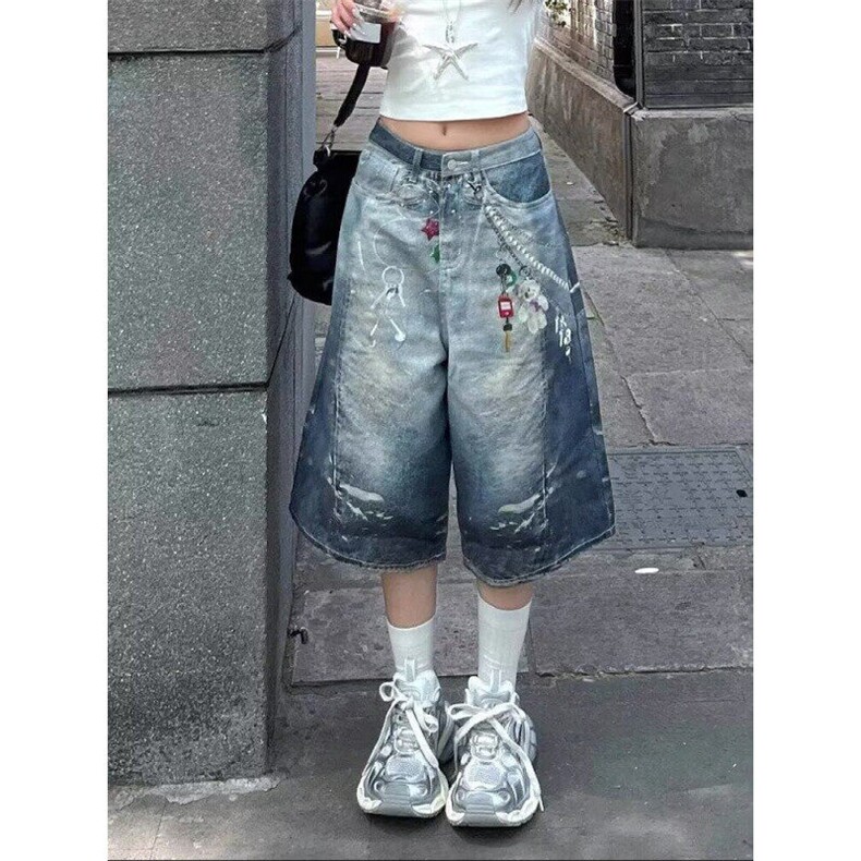 复古链子卡通印花牛仔七分裤女夏季街头宽松蓝色五分裤ND251,男装牛仔裤,星座1116A（原606A-3）