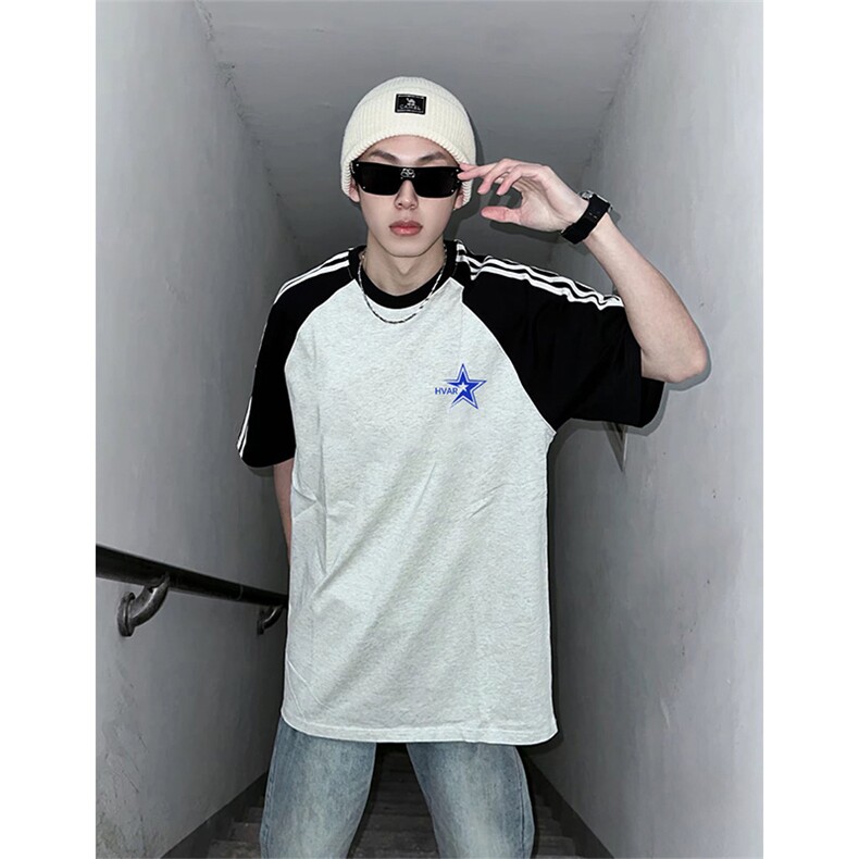 抖音得物品质二开240克宽松纯棉美式潮牌插肩三杠织带短袖T恤，男装T恤，电商A486