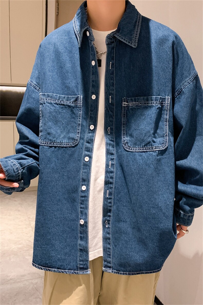 工装牛仔衬衫男秋季新款ins潮流薄款衣服宽松休闲开衫长袖衬衣,男装衬衫,星座505-2（原电商A260-1)