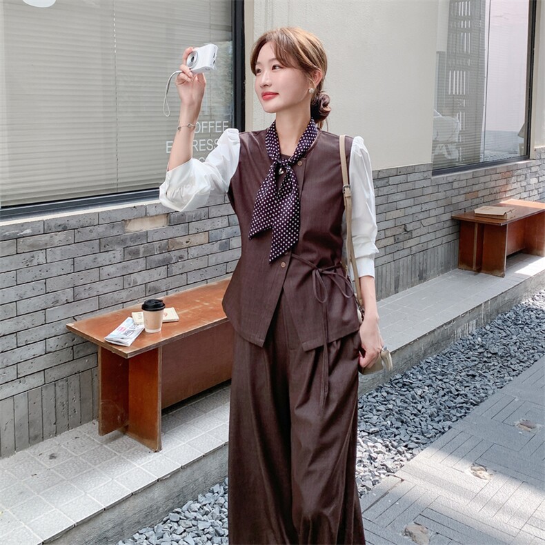 韩系复古拼接衬衫阔腿裤套装女2025秋季新款高级感气质显瘦两件套,女装套装/套裙,2C253