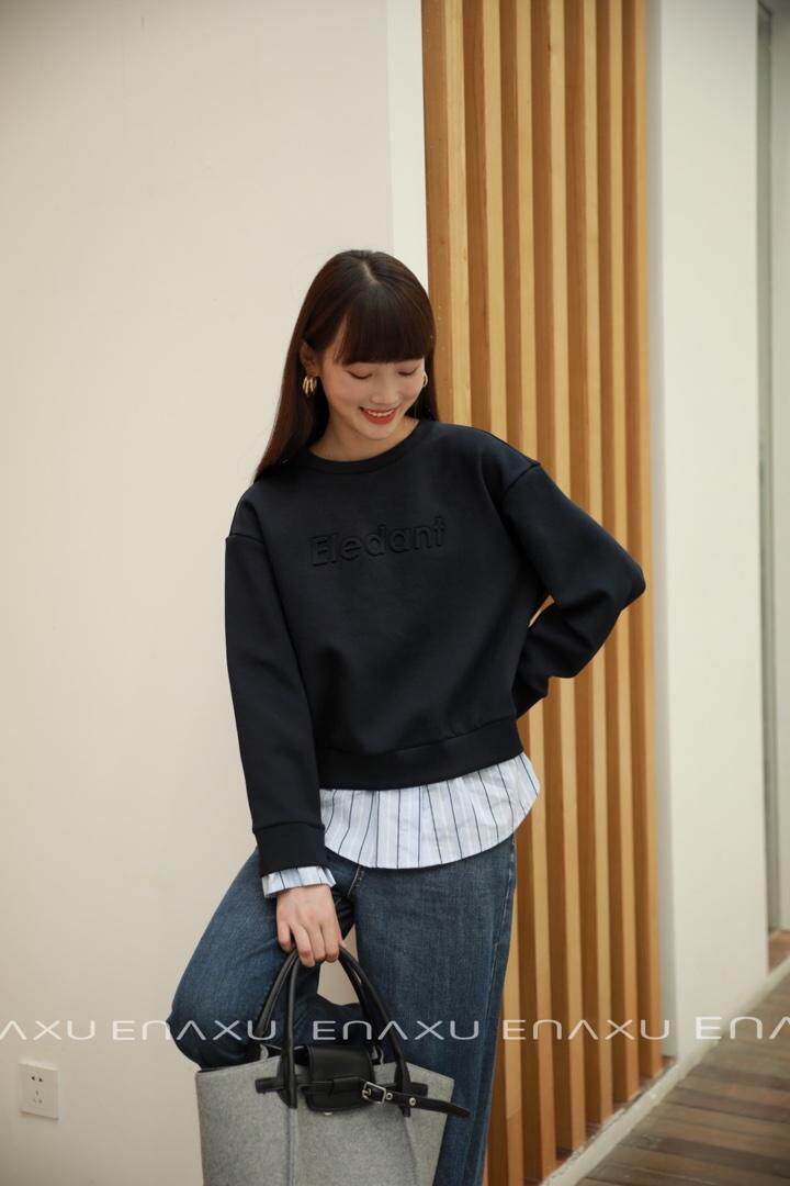 伊奈秀秋季假两件凹凸印花卫衣女，女装卫衣/绒衫，伊奈秀E∩ΛXU