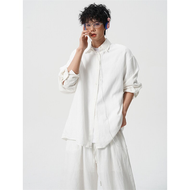 8XL-M麻天丝套装慵懒宽松衬衫抽绳阔腿裤夏季薄款防晒衣男TZ111，男装衬衫，电商D206-1