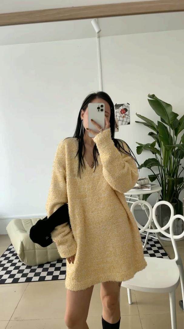 V领颗粒感针织毛衣均码爆，女装针织衫/毛衣，G