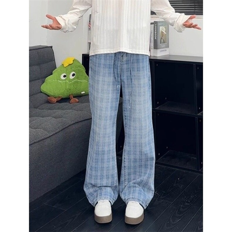 美式蓝色格子牛仔裤男款夏季痞帅美式复古微喇裤子宽松直筒阔腿裤,男装牛仔裤,星座1013-5