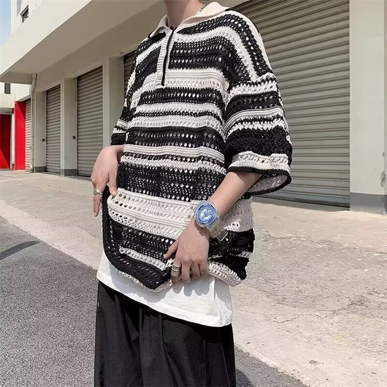 彩色拼接条纹短袖男镂空设计美式复古polo衫潮1001-1-ML300-P40，男装Polo衫，星座1001-1
