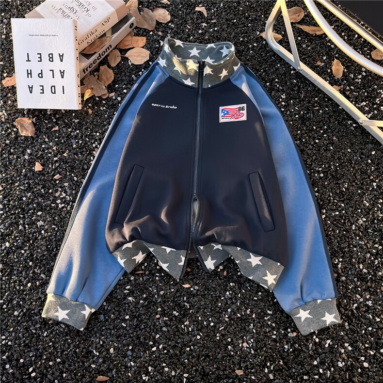 GC0972-P52开衫长袖卫衣男女春秋撞色拼接设计感宽松休闲百搭外套,女装短外套,电商C233