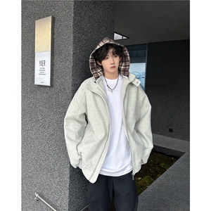 假两件格子连帽棉服男女同款复古街头拉链上衣外套 WM8562图片