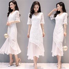 2022夏季新款优雅蕾丝中腰长裙修身显瘦气质红色连衣裙，女装连衣裙，时尚俏佳人