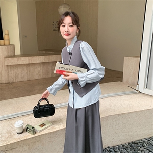 2026新款长袖衬衫+马甲+半身裙三件套套装图片