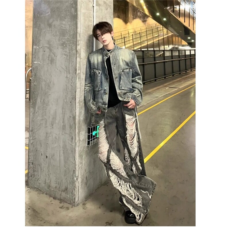水洗垫肩重工解构短款牛仔夹克男女新款炸街复古做旧立领做旧上衣图片