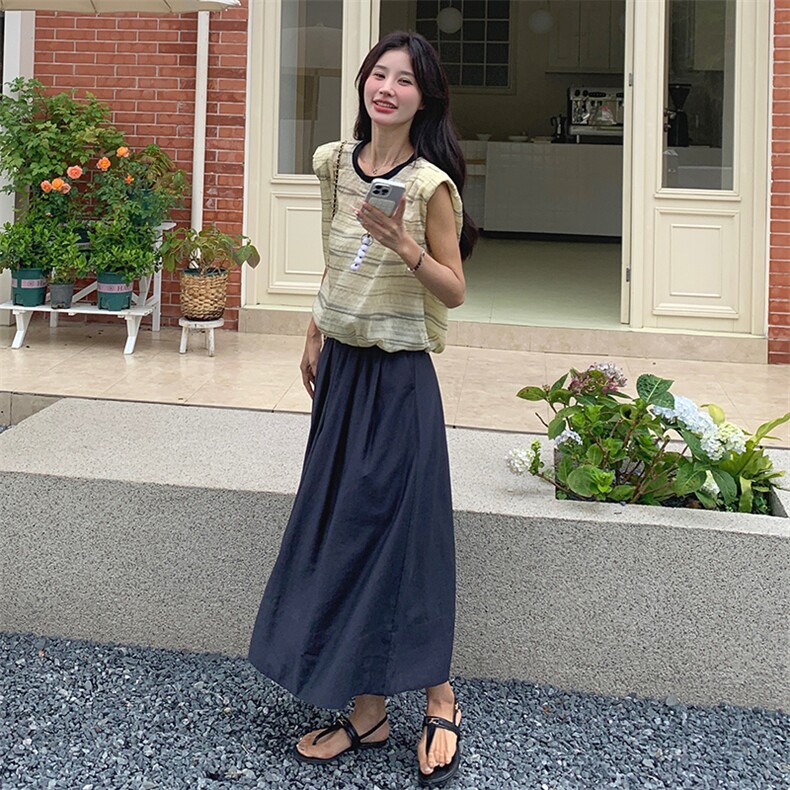 韩版慵懒风无袖条纹T恤套装女2025夏季新款显瘦高腰半身裙两件套,女装套装/套裙,浙宝210（原浙宝191）
