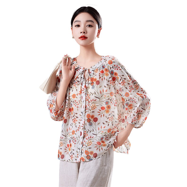 碎花中袖上衣女七分袖高端2025夏季宽松版减龄衬衫轻薄天丝防晒衣,女装衬衫,靓衣阁