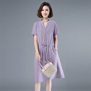 2021年夏季韩版通勤中长款a字裙半开领系带40-49周岁高腰裙子图片