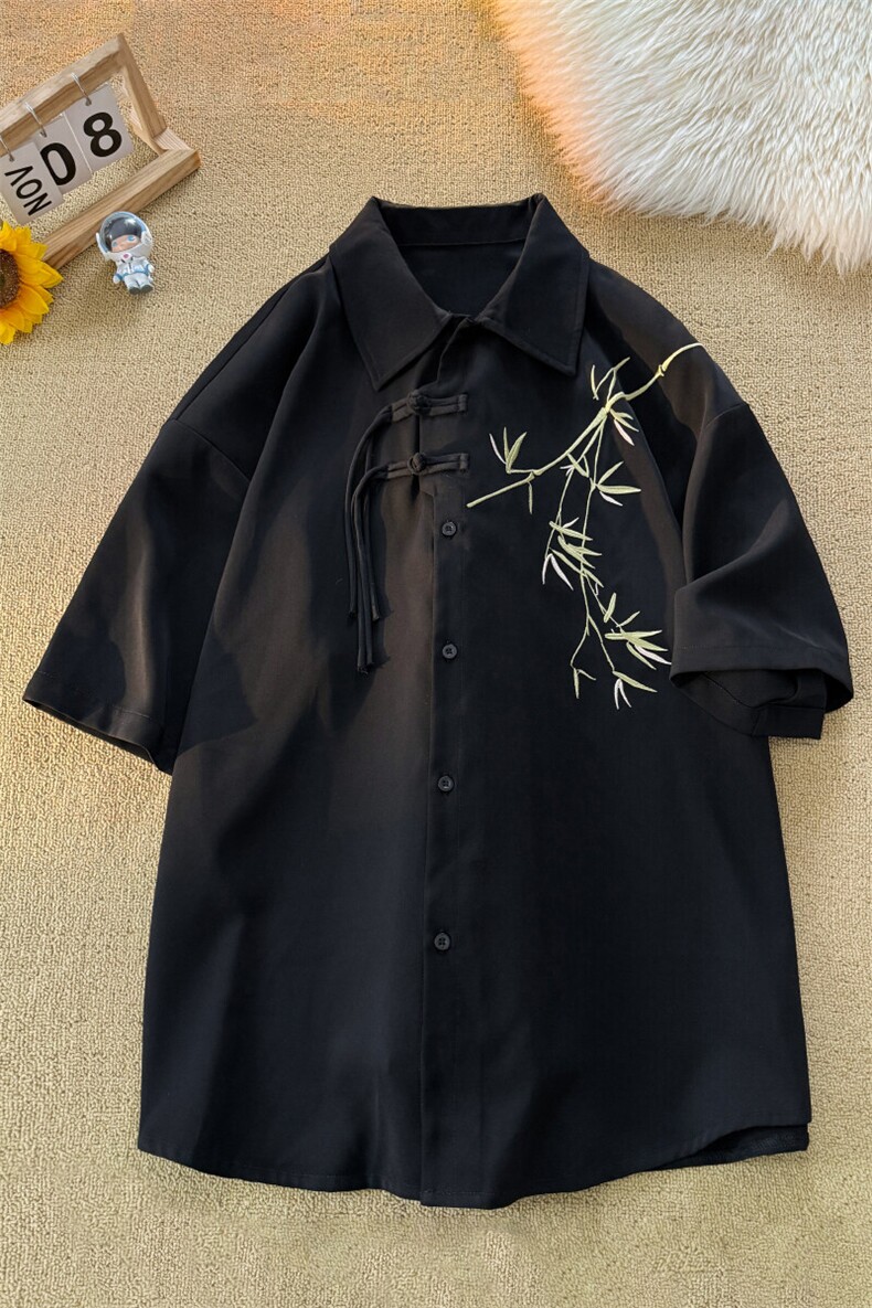 新中式短袖衬衫大码8XL-M风竹子刺绣冰丝唐装盘扣衬衣DC5007P48,男装衬衫,电商B238