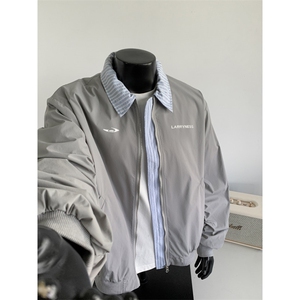 JK715-尺码M-3XL-P55-美式复古绣花假两件翻领棒球服夹克外套图片