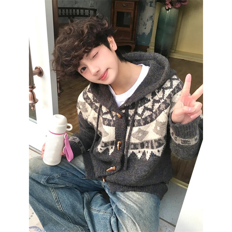 重磅秋冬北极绒开衫毛衣美式复古休闲慵懒风牛角扣针织衫连帽外套，男装针织衫/毛衣，电商A486-1
