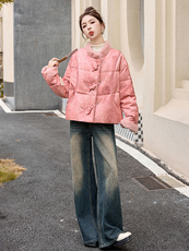 新中式国风羽绒服女2025冬季新款独特超好看短款粉色毛领保暖外套，女装羽绒服，伊仟回