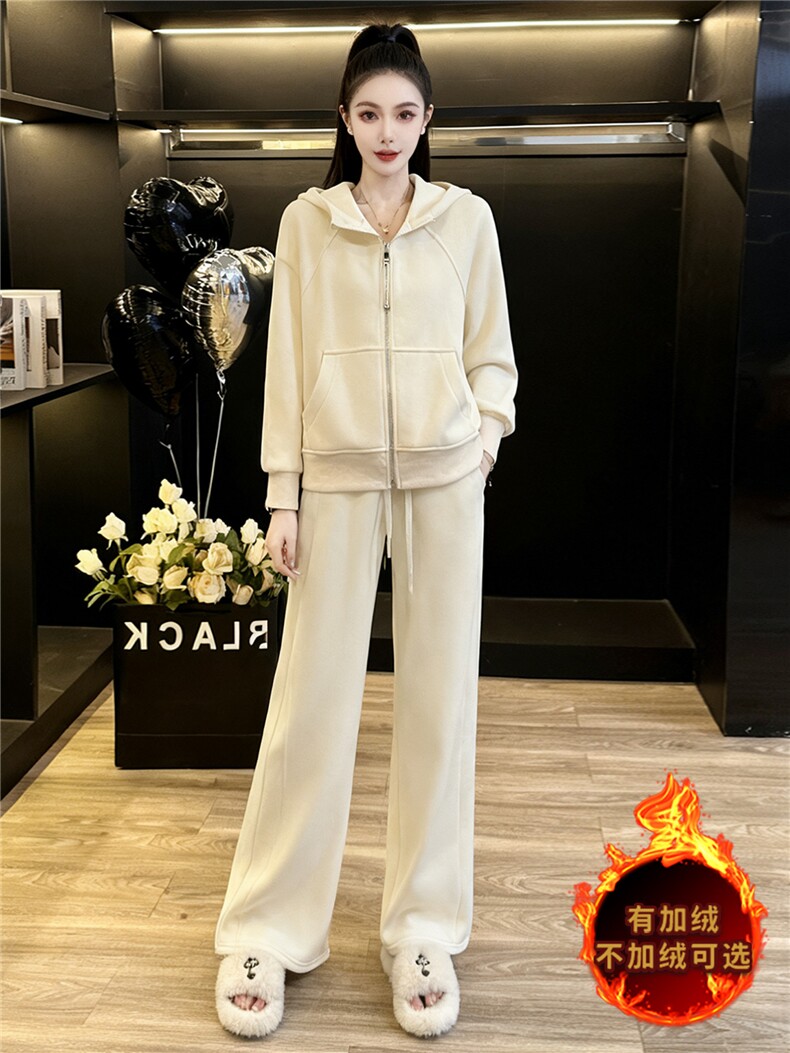 韩版开衫加绒卫衣套装女秋冬保暖新款连帽宽松上衣长裤时尚两件套,女装套装/套裙,江南
