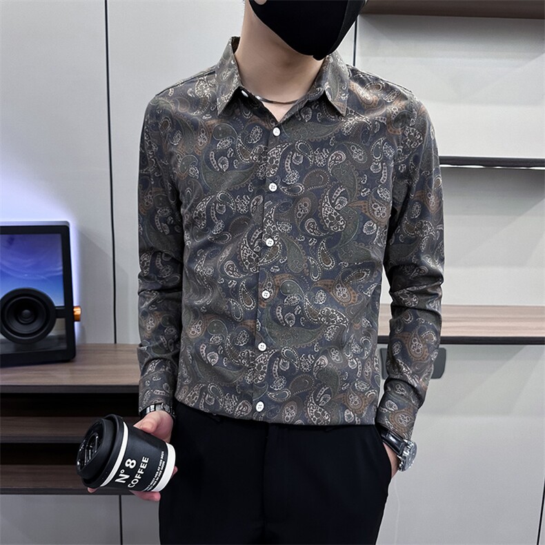 复古腰果花男士衬衣2024春秋季新款卡其色A368-CS9919-P68,男装衬衫,电商A368