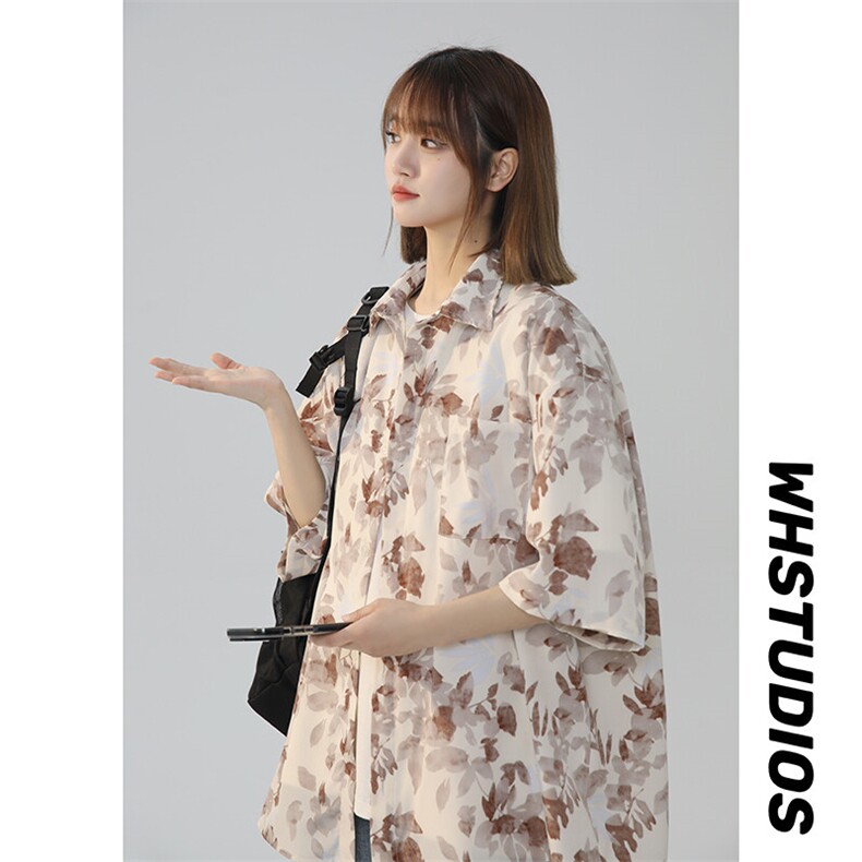 新款中性风风宽松旅游男女情侣短袖花衬衫225-2-CS803-P38，女装衬衫，星座225-2