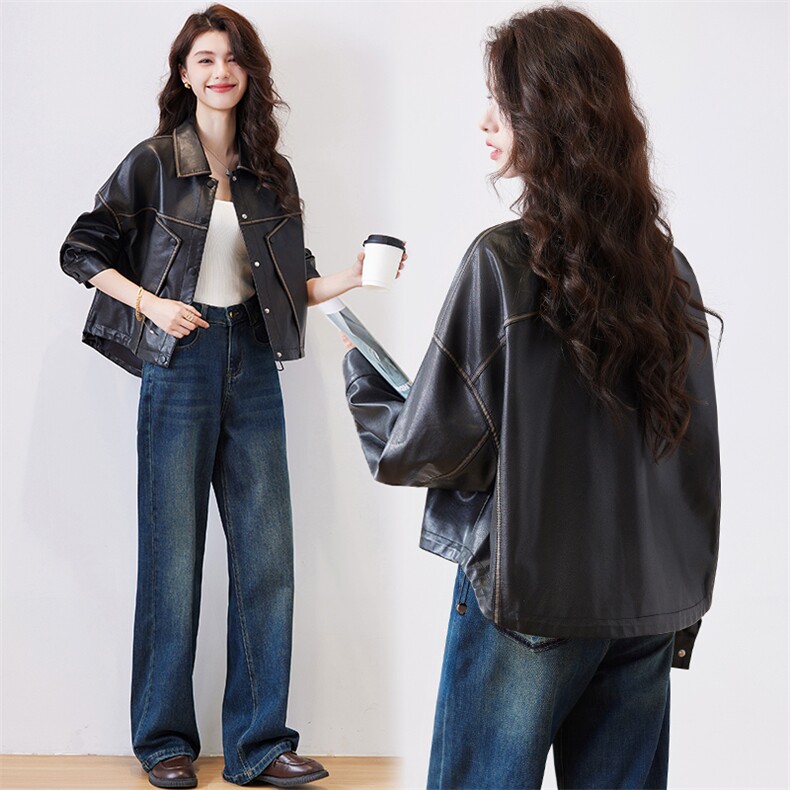 复古拼色皮衣短外套女2024春秋新款高级感小个子机车PU皮夹克上衣，女装皮衣，江南女神