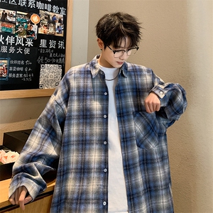 衬衫男春季新款港风宽松大码磨毛格子长袖衬衣CS2019-P35图片