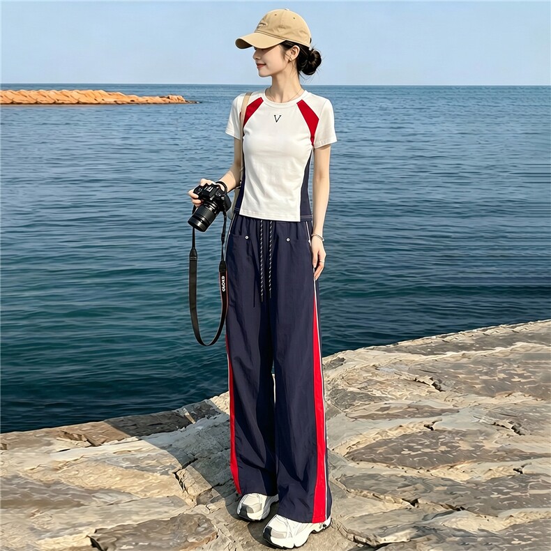 潮流时尚休闲运动套装女夏季新款显瘦竖纹圆领短袖上衣长裤两件套,女装套装/套裙,江南